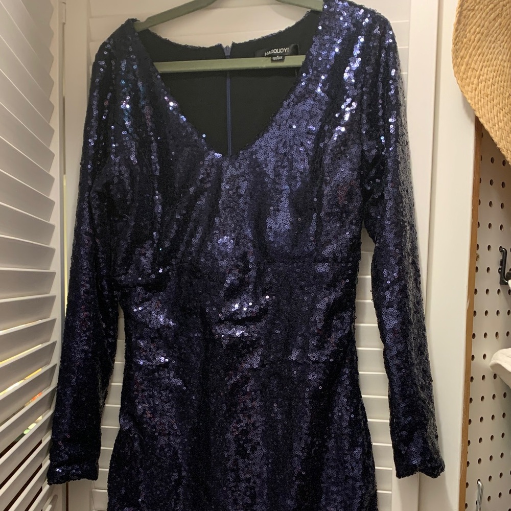 Midnight Blue Sequin Long Sleeve Dress